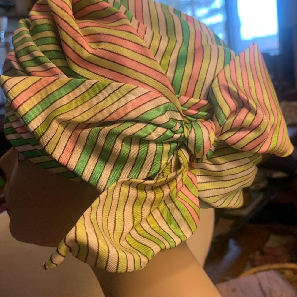 60’s CHRISTIAN DIOR CHAPEAUX SILK STRIPED TURBAN HAT - Picture 4 of 16